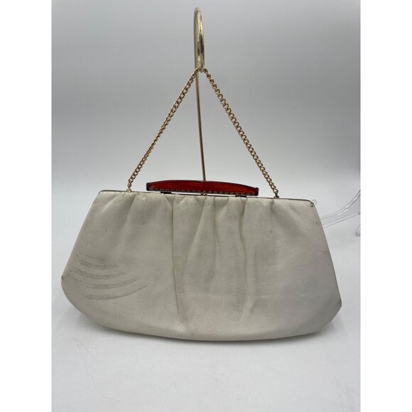 Vintage White Leather Clutch Purse Brown Lucite Handle & Gold Chain - Picture 11 of 13